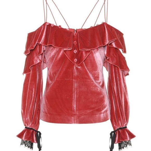 Self Portrait Pink Black Velvet Lace Frill Off Shoulder Top 6 - Picture 6 of 8